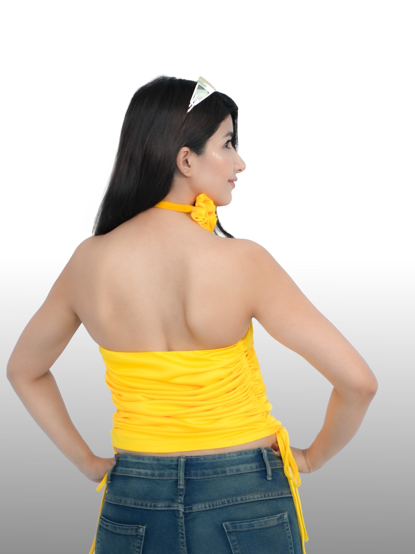 Kareena Kapoor Inspired Yellow Lycra Gathered Tube Top with Rose Flower Neck Accessory | K3G Deewana Hai Look
