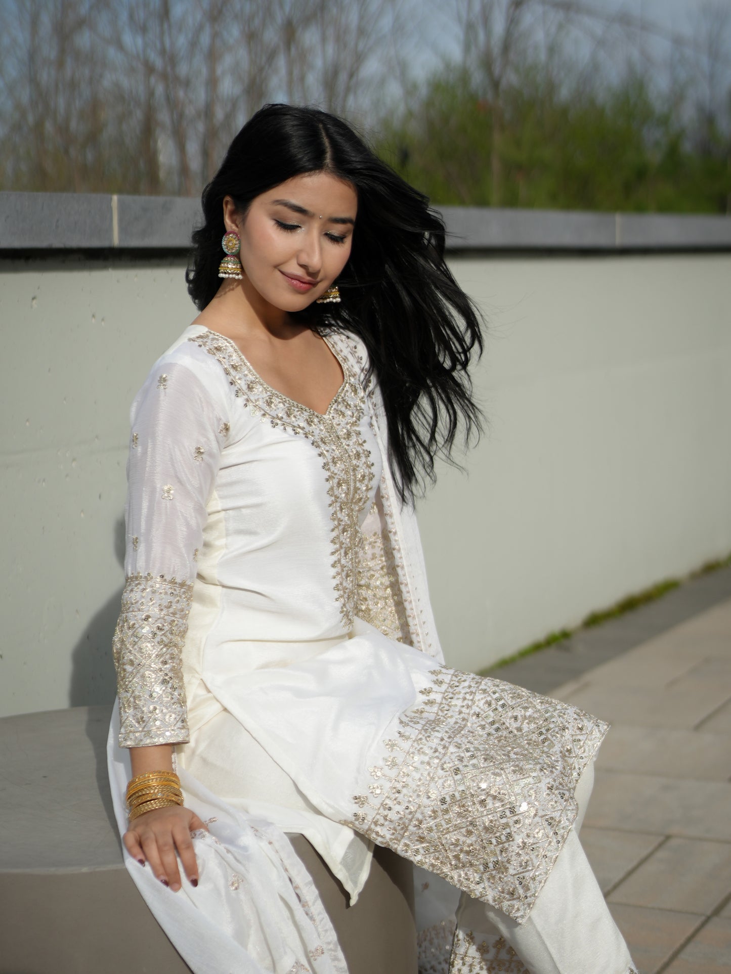 Pure Chinon Silk Kurta Set with Embroidery Zari Work Dupatta Ready Wear