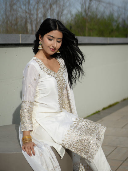 Pure Chinon Silk Kurta Set with Embroidery Zari Work Dupatta Ready Wear