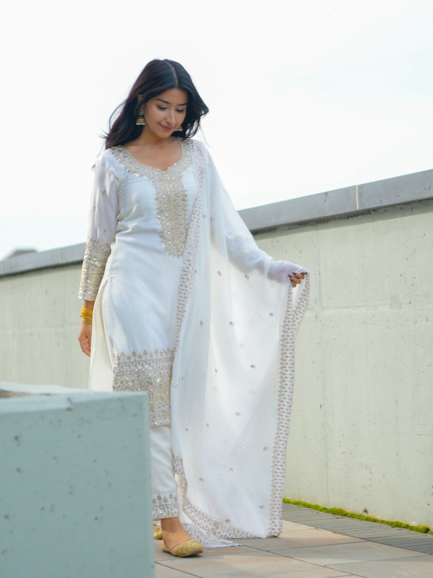 Pure Chinon Silk Kurta Set with Embroidery Zari Work Dupatta Ready Wear