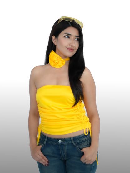 Kareena Kapoor Inspired Yellow Lycra Gathered Tube Top with Rose Flower Neck Accessory | K3G Deewana Hai Look