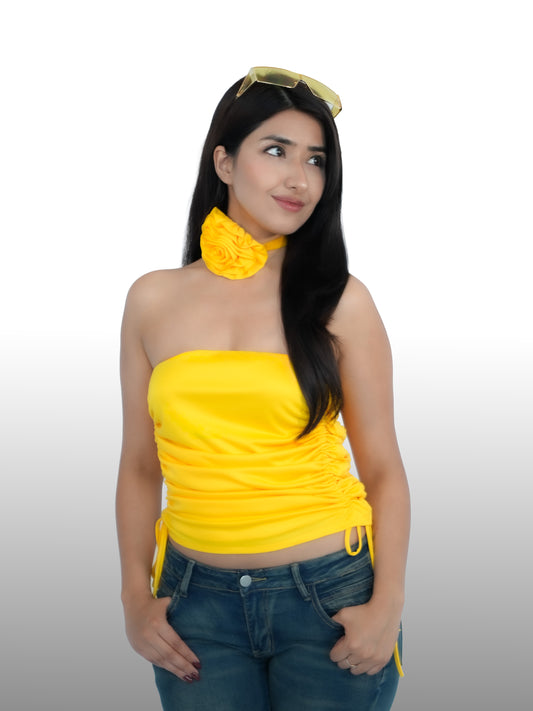 Kareena Kapoor Inspired Yellow Lycra Gathered Tube Top with Rose Flower Neck Accessory | K3G Deewana Hai Look